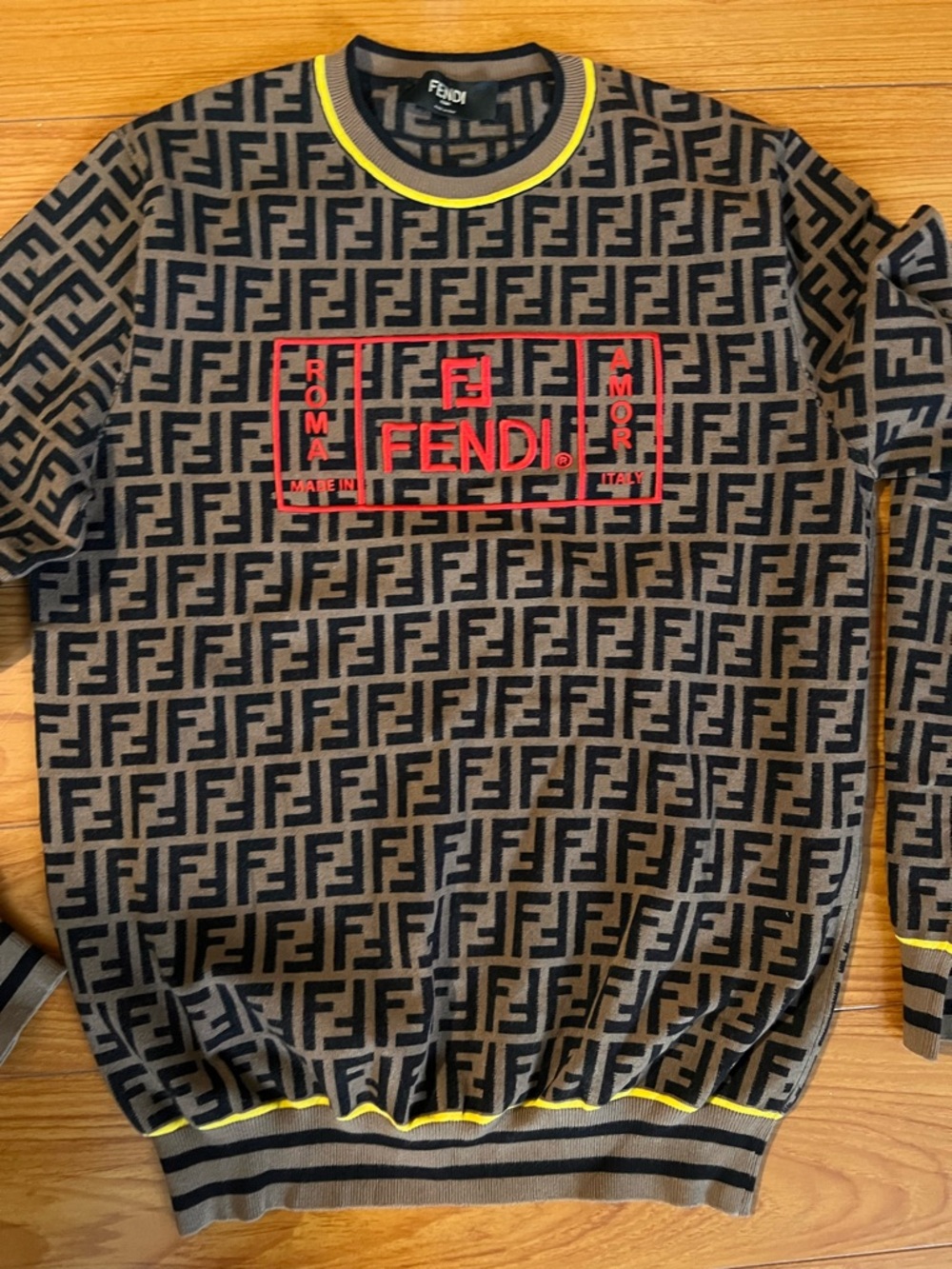 Fendi Zucca pattern Unisex Brown Logo-Print Sweater with embroidered Patch
